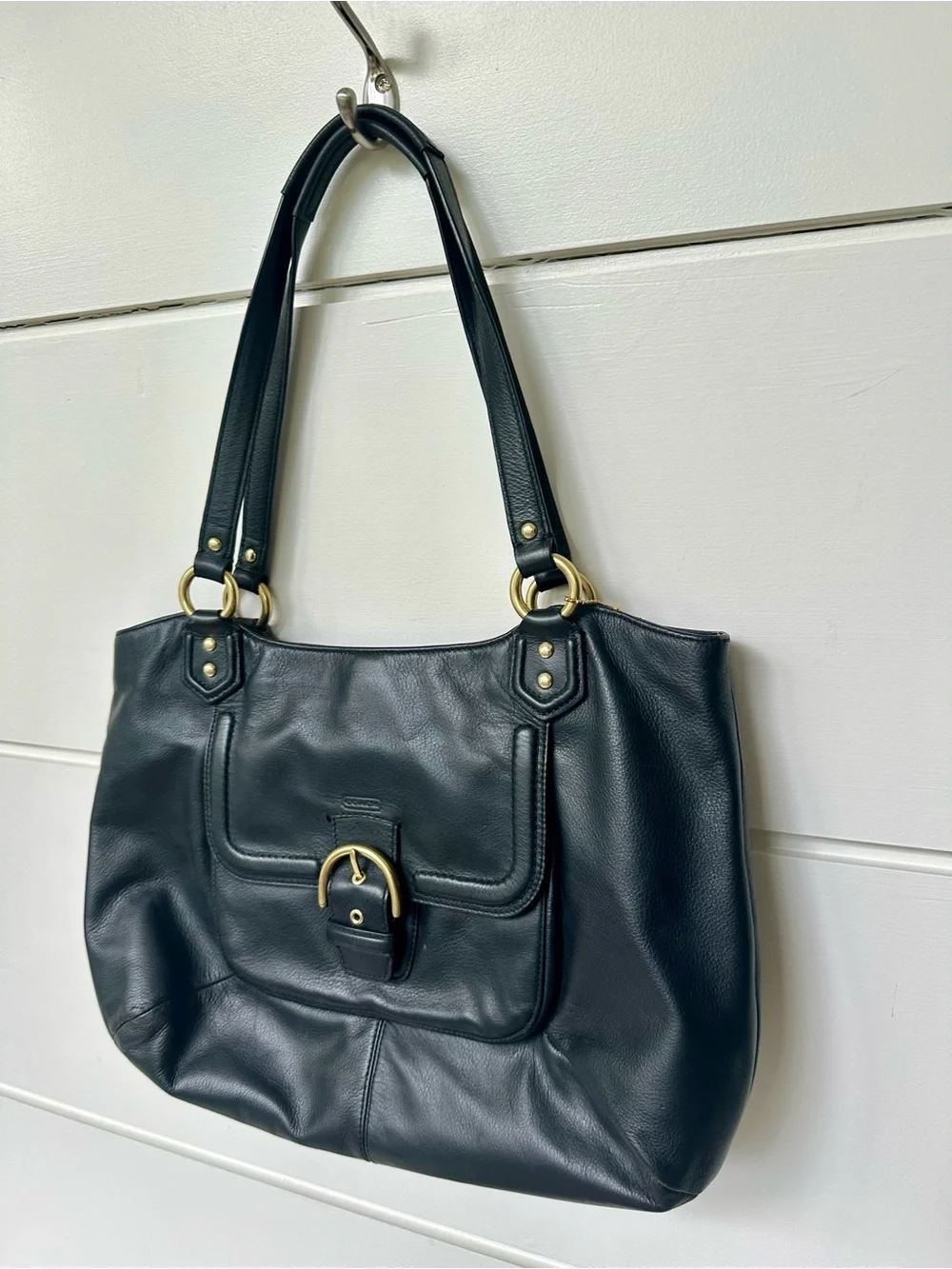 Coach Black Leather Shoulder Bag with Gold-Tone Hardware